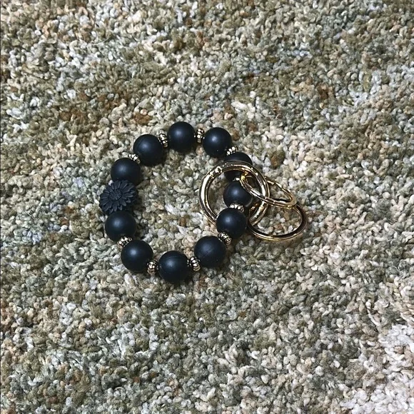 Sunflower Black & Gold Silicone Beaded Keychain Bracelet Wristlet Gold Hardware - Picture 4 of 5